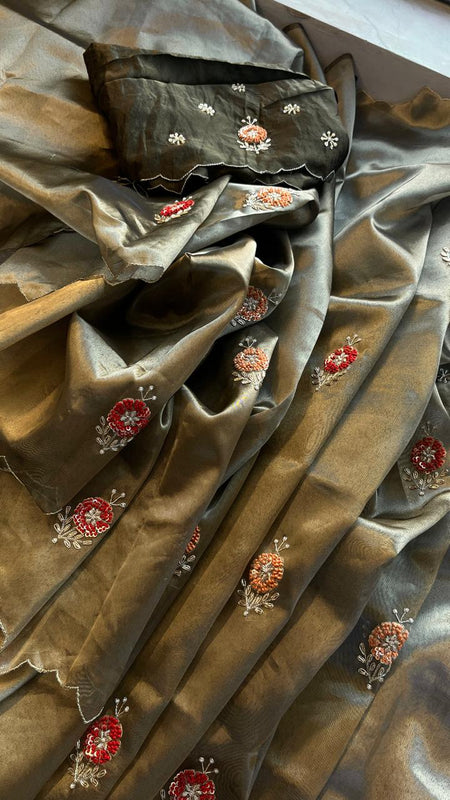 Handloom Zari Tissue Silk Saree with Zardozi, Sequins & Pearl Work