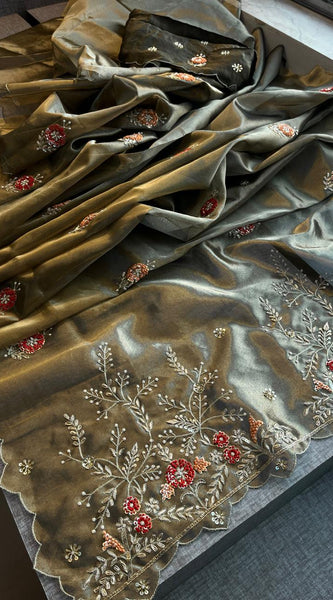 Handloom Zari Tissue Silk Saree with Zardozi, Sequins & Pearl Work