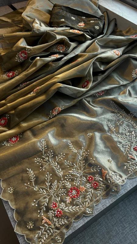 Handloom Zari Tissue Silk Saree with Zardozi, Sequins & Pearl Work