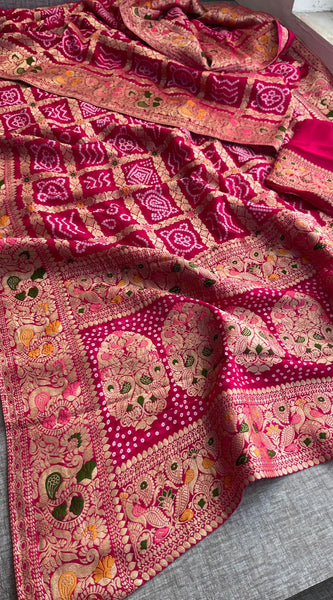 Pure Khaddi Georgette Saree with Bandhani & Meena Banarasi Weaving