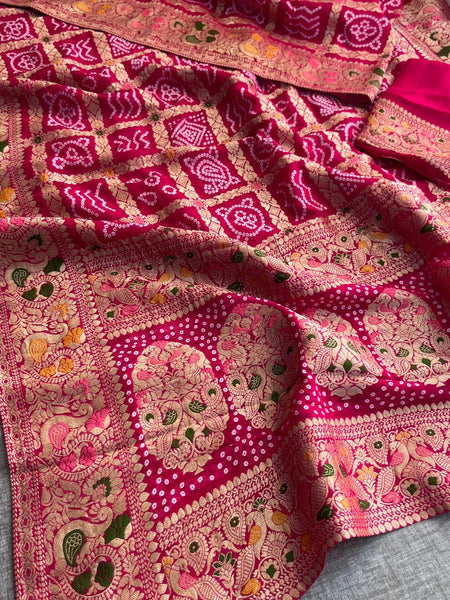 Pure Khaddi Georgette Saree with Bandhani & Meena Banarasi Weaving