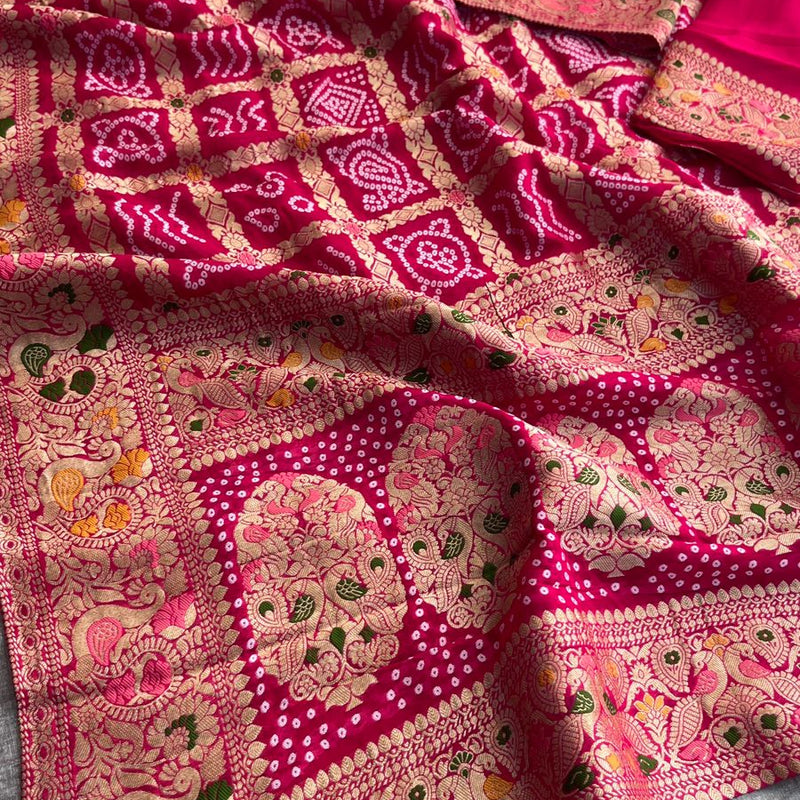 Pure Khaddi Georgette Saree with Bandhani & Meena Banarasi Weaving