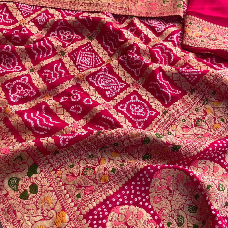Pure Khaddi Georgette Saree with Bandhani & Meena Banarasi Weaving