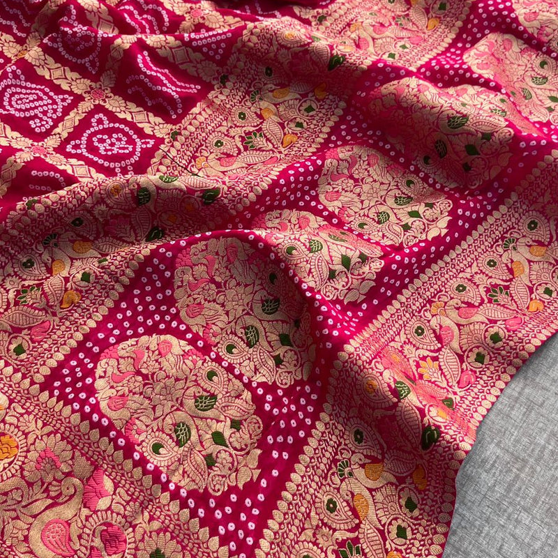 Pure Khaddi Georgette Saree with Bandhani & Meena Banarasi Weaving