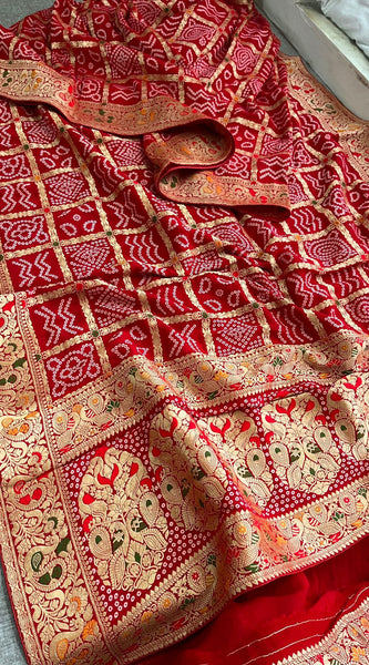 Pure Khaddi Georgette Saree with Bandhani & Meena Banarasi Weaving
