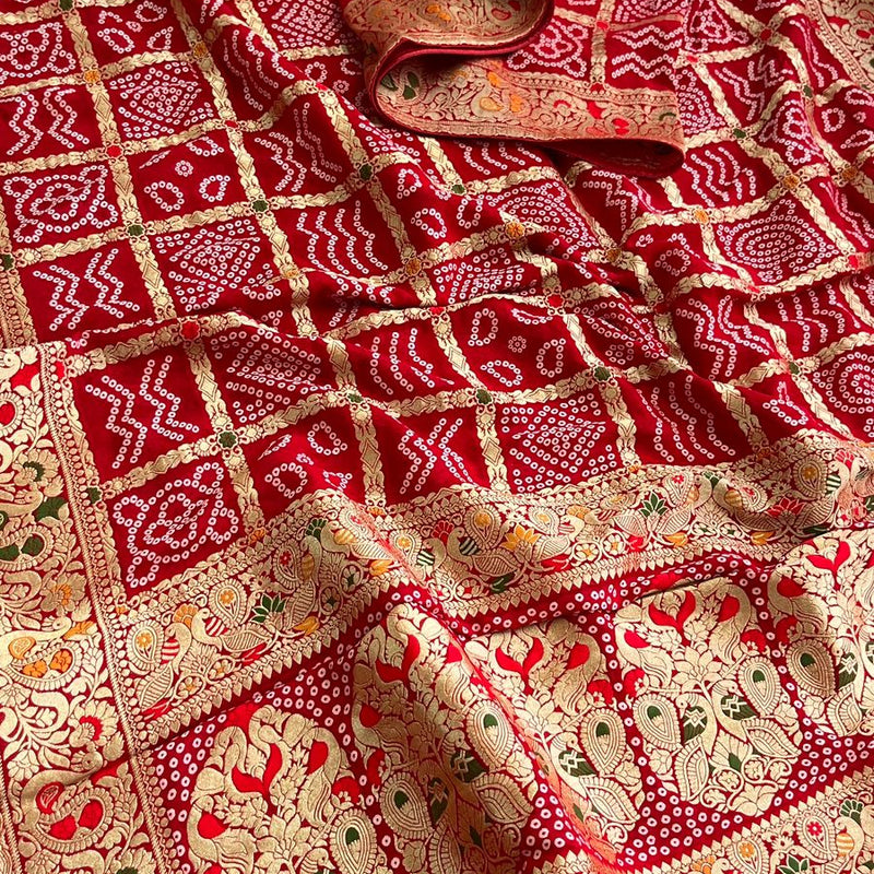 Pure Khaddi Georgette Saree with Bandhani & Meena Banarasi Weaving