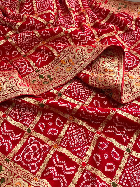 Pure Khaddi Georgette Saree with Bandhani & Meena Banarasi Weaving