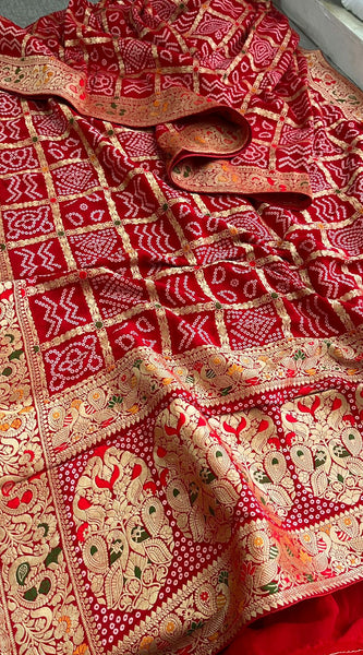 Pure Khaddi Georgette Saree with Bandhani & Meena Banarasi Weaving