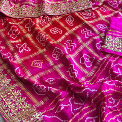 Gajji Silk Handcrafted Bandhani Saree with Zardozi, Gotapatti & Pearl Embellishments