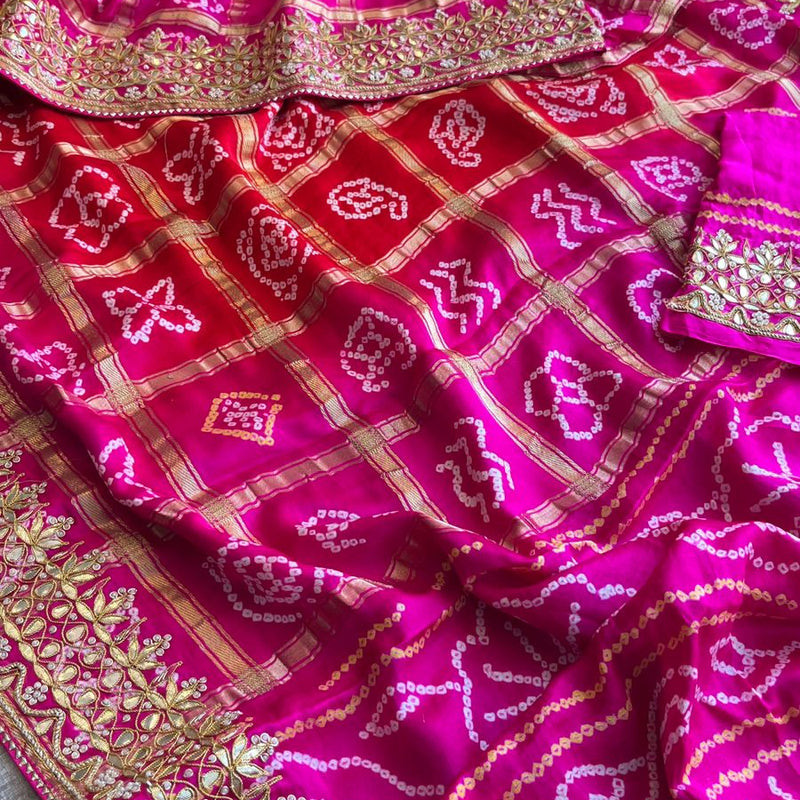 Gajji Silk Handcrafted Bandhani Saree with Zardozi, Gotapatti & Pearl Embellishments