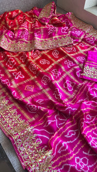 Gajji Silk Handcrafted Bandhani Saree with Zardozi, Gotapatti & Pearl Embellishments