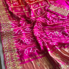 Gajji Silk Handcrafted Bandhani Saree with Zardozi, Gotapatti & Pearl Embellishments