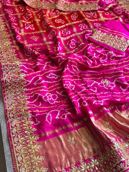 Gajji Silk Handcrafted Bandhani Saree with Zardozi, Gotapatti & Pearl Embellishments