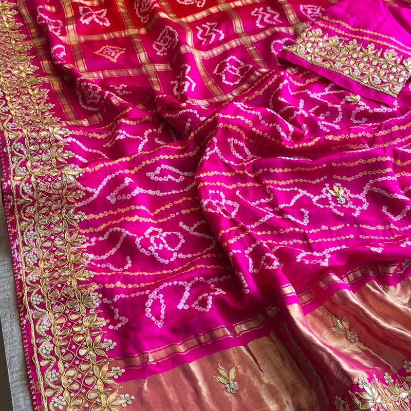 Gajji Silk Handcrafted Bandhani Saree with Zardozi, Gotapatti & Pearl Embellishments