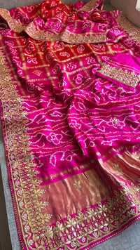 Gajji Silk Handcrafted Bandhani Saree with Zardozi, Gotapatti & Pearl Embellishments