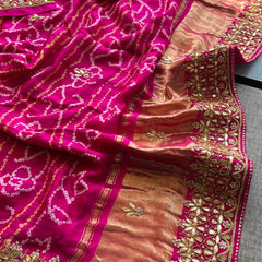Gajji Silk Handcrafted Bandhani Saree with Zardozi, Gotapatti & Pearl Embellishments