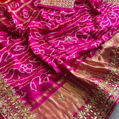 Gajji Silk Handcrafted Bandhani Saree with Zardozi, Gotapatti & Pearl Embellishments
