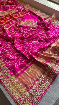 Gajji Silk Handcrafted Bandhani Saree with Zardozi, Gotapatti & Pearl Embellishments