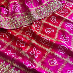 Gajji Silk Handcrafted Bandhani Saree with Zardozi, Gotapatti & Pearl Embellishments