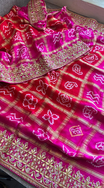 Gajji Silk Handcrafted Bandhani Saree with Zardozi, Gotapatti & Pearl Embellishments