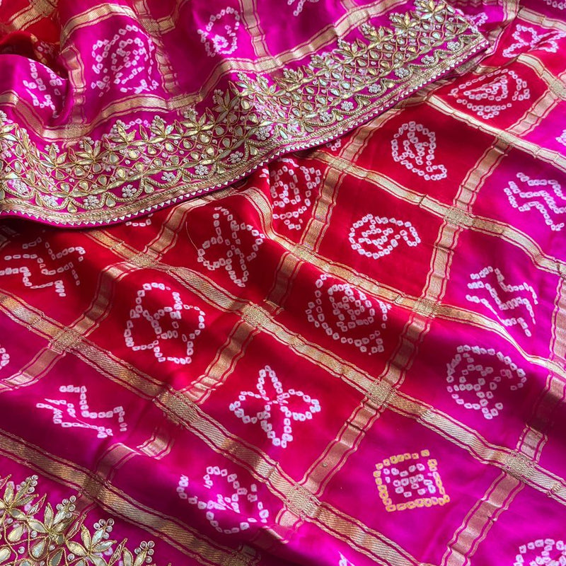 Gajji Silk Handcrafted Bandhani Saree with Zardozi, Gotapatti & Pearl Embellishments