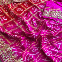 Gajji Silk Handcrafted Bandhani Saree with Zardozi, Gotapatti & Pearl Embellishments
