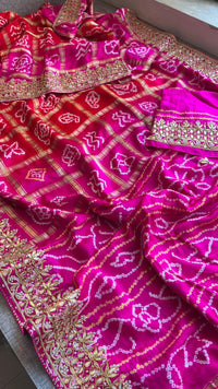 Gajji Silk Handcrafted Bandhani Saree with Zardozi, Gotapatti & Pearl Embellishments