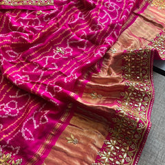 Gajji Silk Handcrafted Bandhani Saree with Zardozi, Gotapatti & Pearl Embellishments