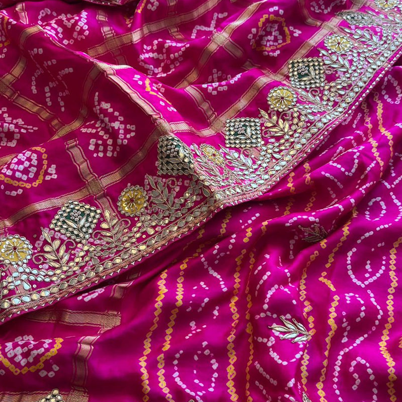 Pure Gajji Silk Handmade Bandhani Saree with Zardozi, Gotapatti & Pearl Detailing