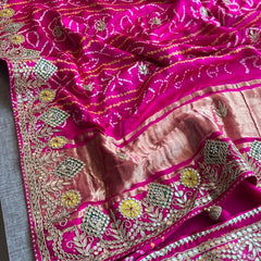 Pure Gajji Silk Handmade Bandhani Saree with Zardozi, Gotapatti & Pearl Detailing