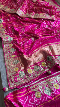 Pure Gajji Silk Handmade Bandhani Saree with Zardozi, Gotapatti & Pearl Detailing