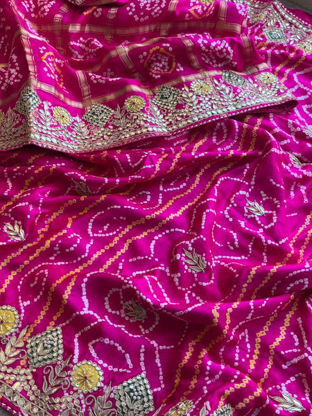 Pure Gajji Silk Handmade Bandhani Saree with Zardozi, Gotapatti & Pearl Detailing