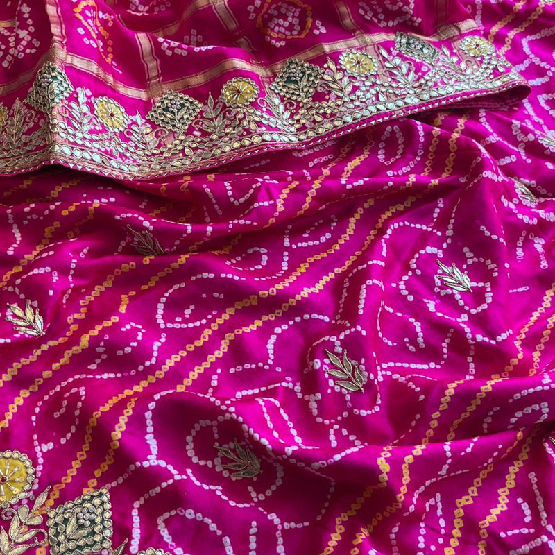 Pure Gajji Silk Handmade Bandhani Saree with Zardozi, Gotapatti & Pearl Detailing