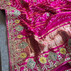 Pure Gajji Silk Handmade Bandhani Saree with Zardozi, Gotapatti & Pearl Detailing