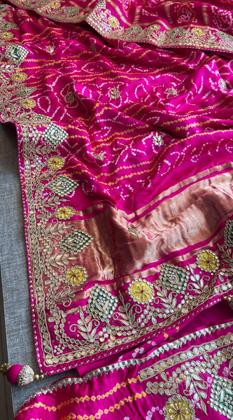Pure Gajji Silk Handmade Bandhani Saree with Zardozi, Gotapatti & Pearl Detailing