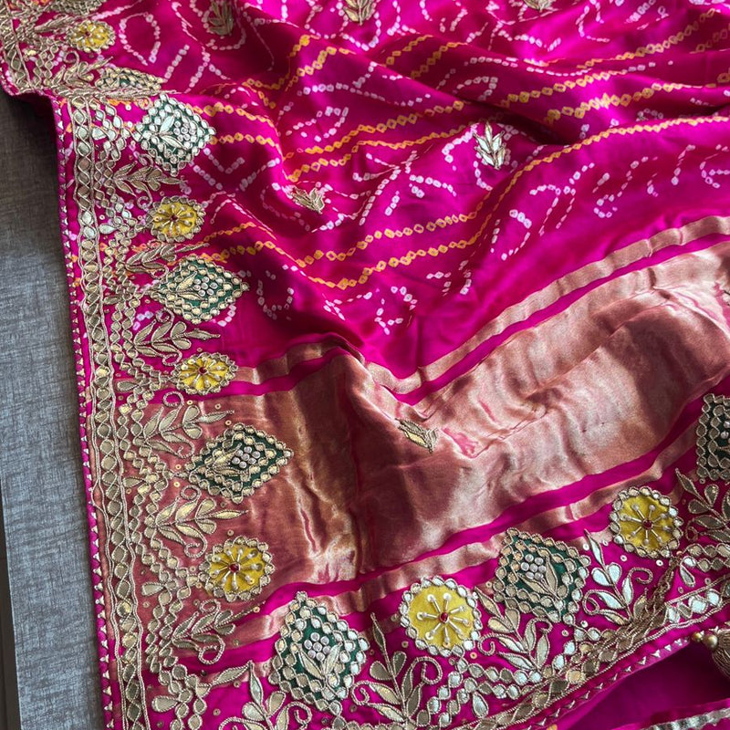Pure Gajji Silk Handmade Bandhani Saree with Zardozi, Gotapatti & Pearl Detailing