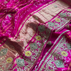 Pure Gajji Silk Handmade Bandhani Saree with Zardozi, Gotapatti & Pearl Detailing