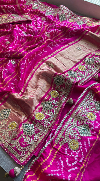 Pure Gajji Silk Handmade Bandhani Saree with Zardozi, Gotapatti & Pearl Detailing
