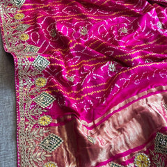 Pure Gajji Silk Handmade Bandhani Saree with Zardozi, Gotapatti & Pearl Detailing