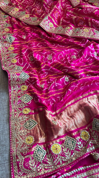 Pure Gajji Silk Handmade Bandhani Saree with Zardozi, Gotapatti & Pearl Detailing