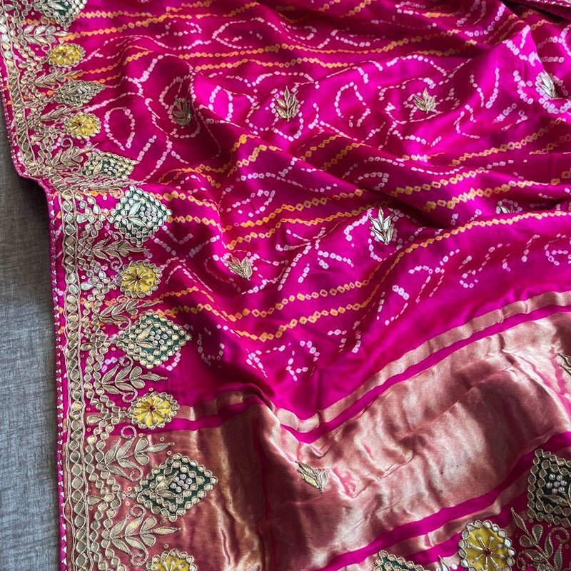 Pure Gajji Silk Handmade Bandhani Saree with Zardozi, Gotapatti & Pearl Detailing