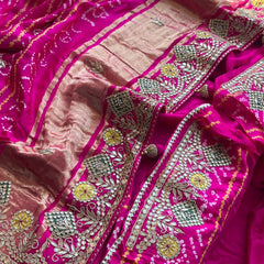 Pure Gajji Silk Handmade Bandhani Saree with Zardozi, Gotapatti & Pearl Detailing