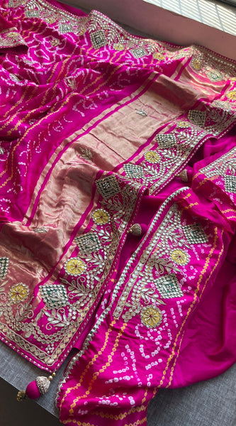 Pure Gajji Silk Handmade Bandhani Saree with Zardozi, Gotapatti & Pearl Detailing