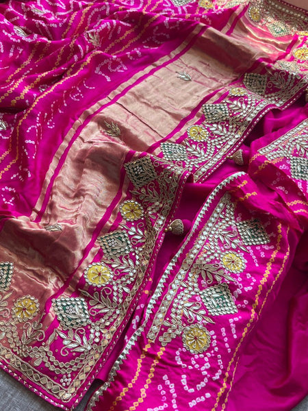 Pure Gajji Silk Handmade Bandhani Saree with Zardozi, Gotapatti & Pearl Detailing