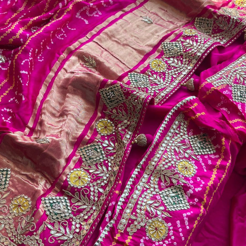 Pure Gajji Silk Handmade Bandhani Saree with Zardozi, Gotapatti & Pearl Detailing