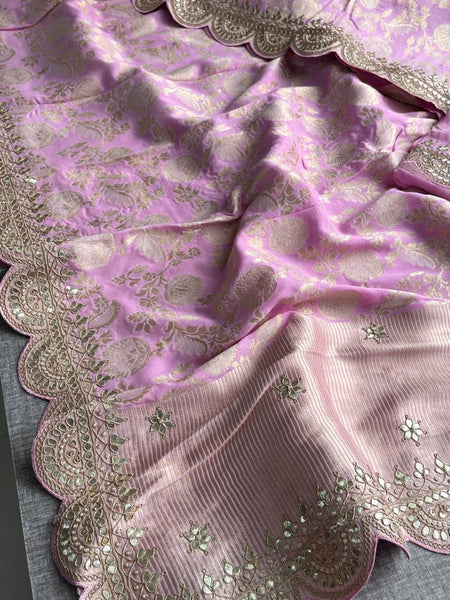 Pure Khaddi Georgette Banarasi Saree with Gotapatti, Zardozi & Pearl Embellishments