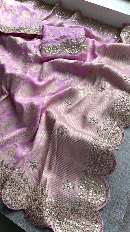 Pure Khaddi Georgette Banarasi Saree with Gotapatti, Zardozi & Pearl Embellishments