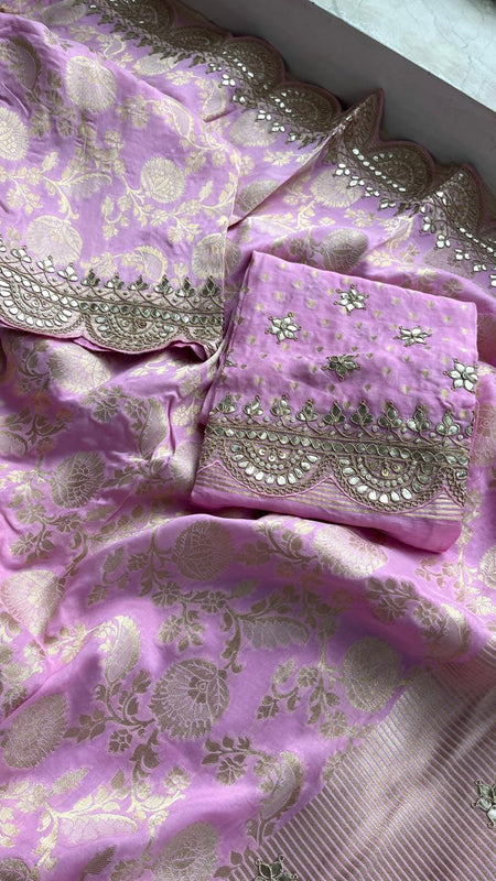 Pure Khaddi Georgette Banarasi Saree with Gotapatti, Zardozi & Pearl Embellishments