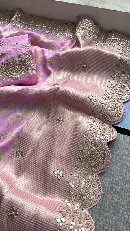 Pure Khaddi Georgette Banarasi Saree with Gotapatti, Zardozi & Pearl Embellishments