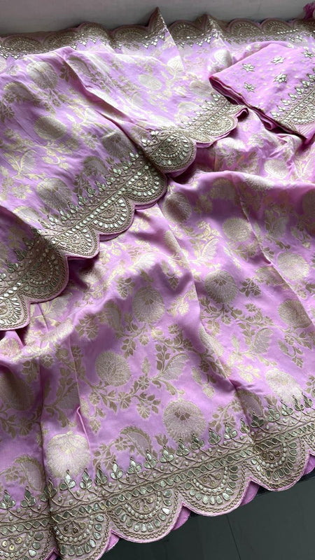 Pure Khaddi Georgette Banarasi Saree with Gotapatti, Zardozi & Pearl Embellishments